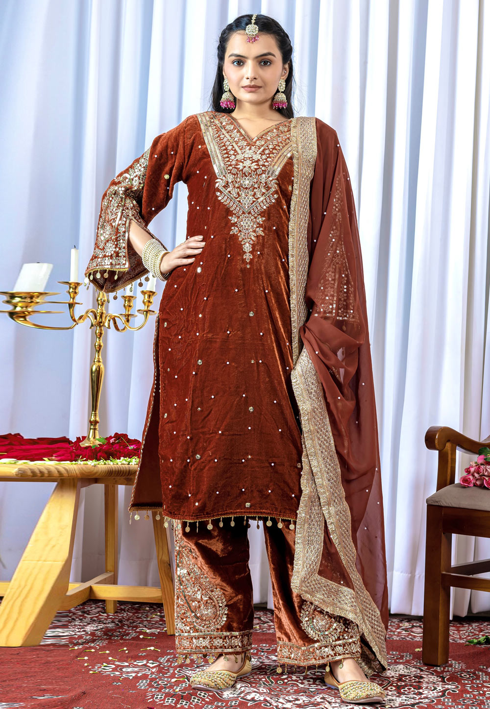 Brown Velvet Readymade Designer Salwar Suit 322231