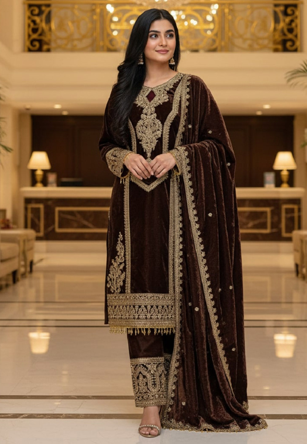 Brown Velvet Readymade Pant Style Suit 322241