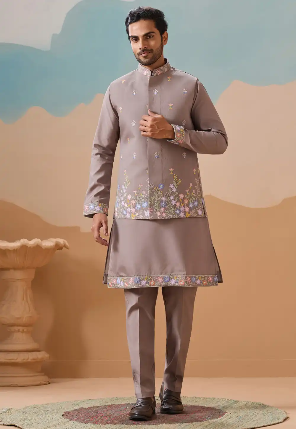 Brown Viscose Kurta Pajama With Jacket 318309