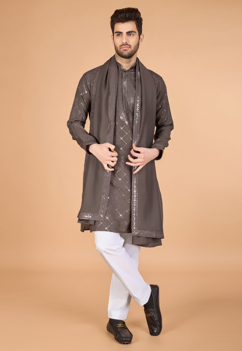 Brown Viscose Kurta Pajama With Stole 311710