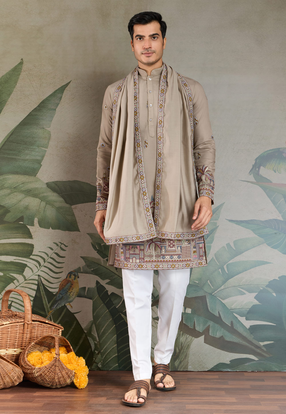Brown Viscose Kurta Pajama With Stole 311427