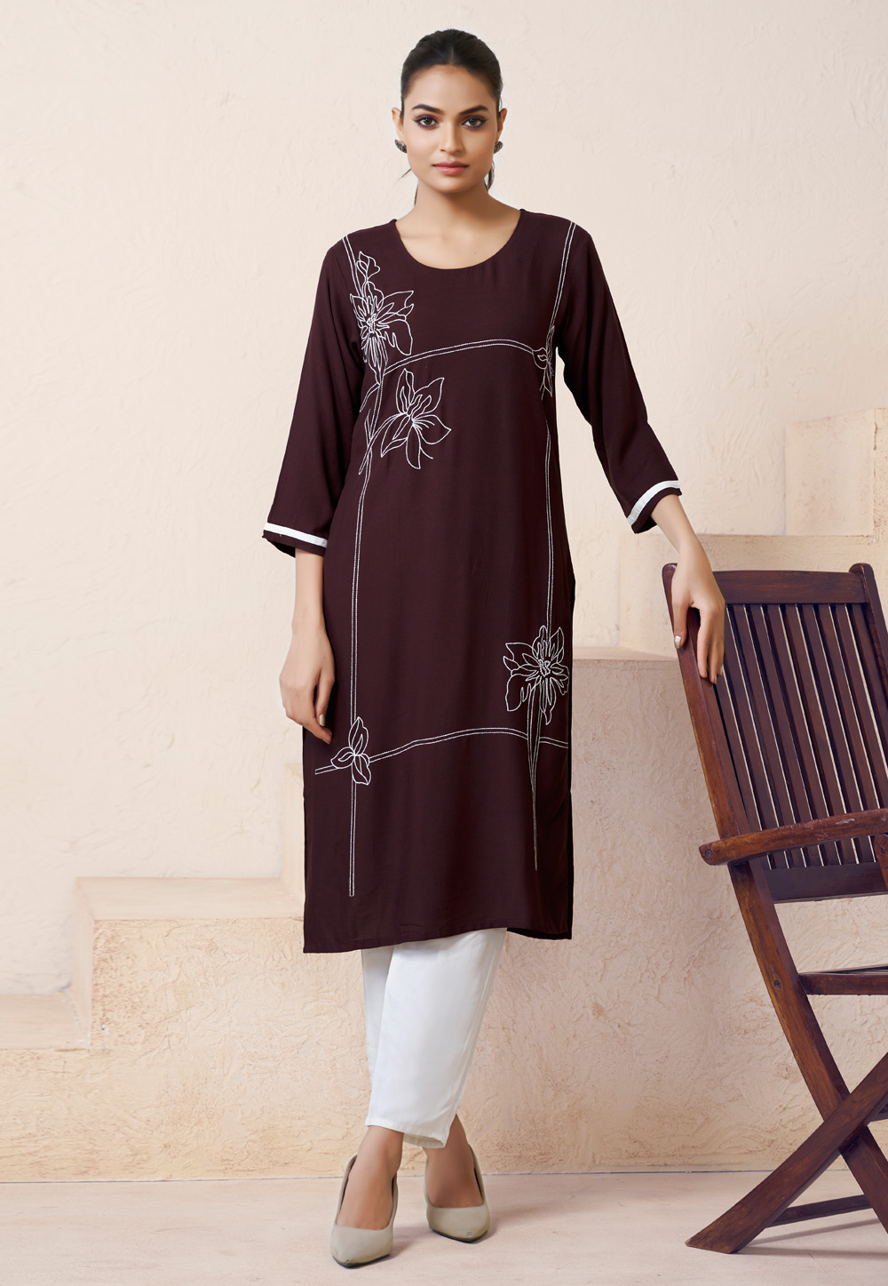 Brown Viscose Rayon Long Kurti 313415