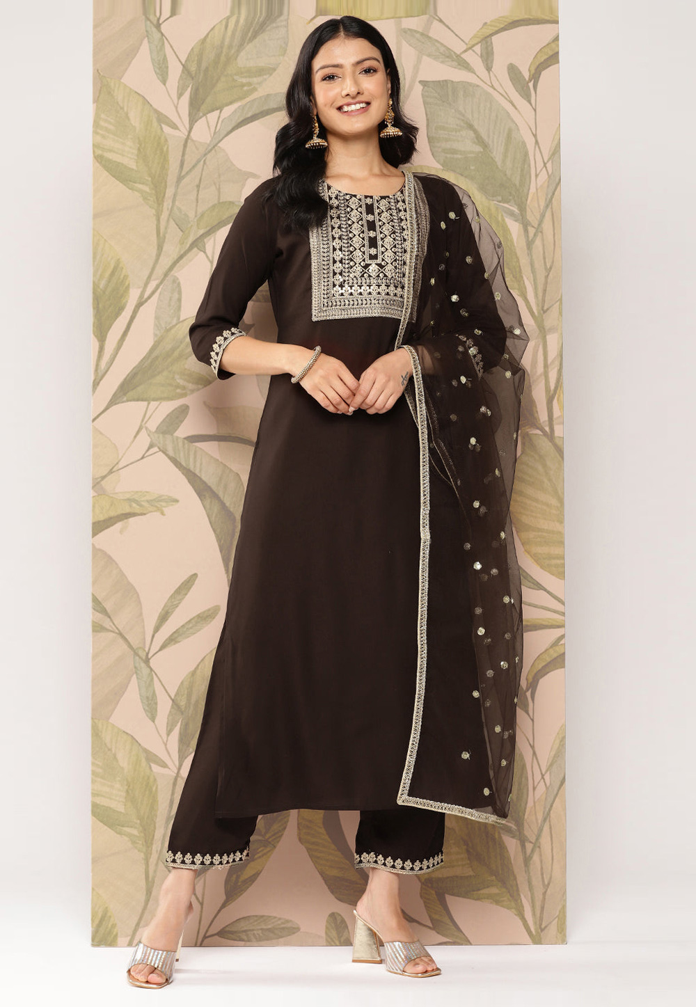 Brown Viscose Rayon Readymade Pant Style Suit 282184