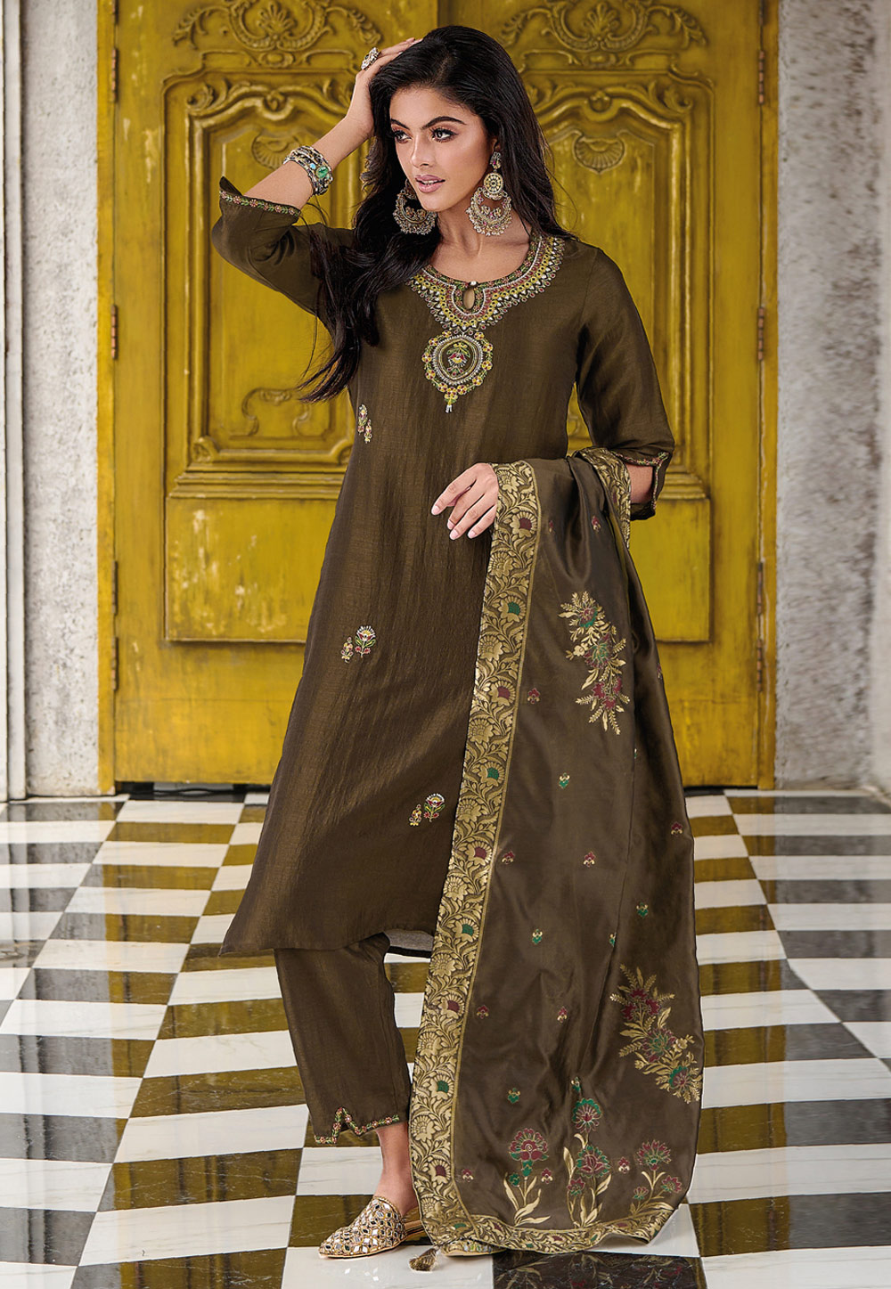 Brown Viscose Readymade Pakistani Suit 309485