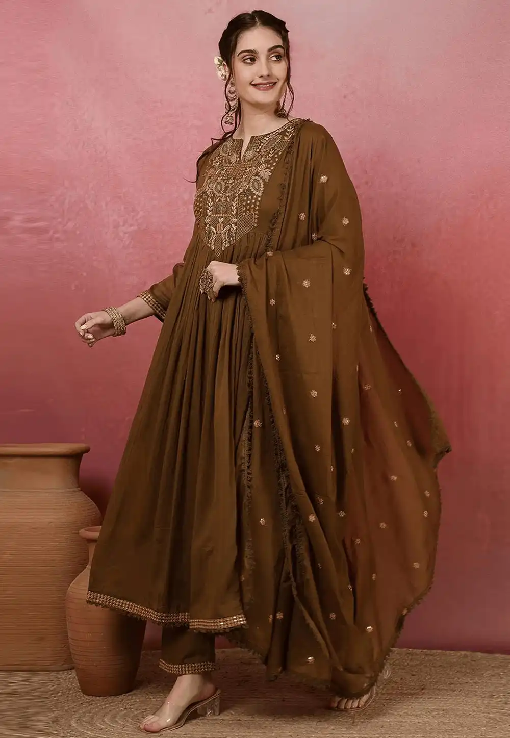 Brown Viscose Readymade Pant Style Suit 315980