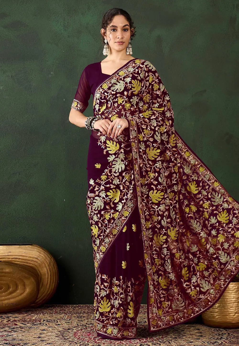 Burgundy Georgette Saree With Blouse 331630