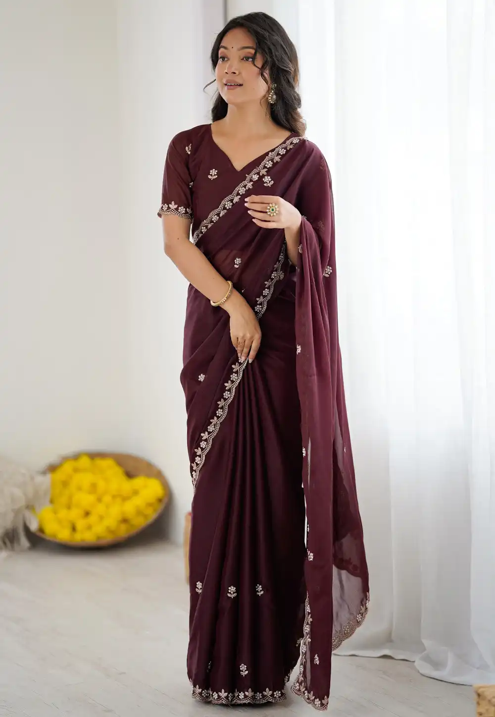 Burgundy Georgette Saree With Blouse 322915