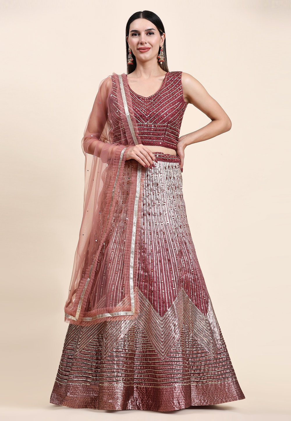 Maroon Organza Readymade A Line Lehenga Choli 265367