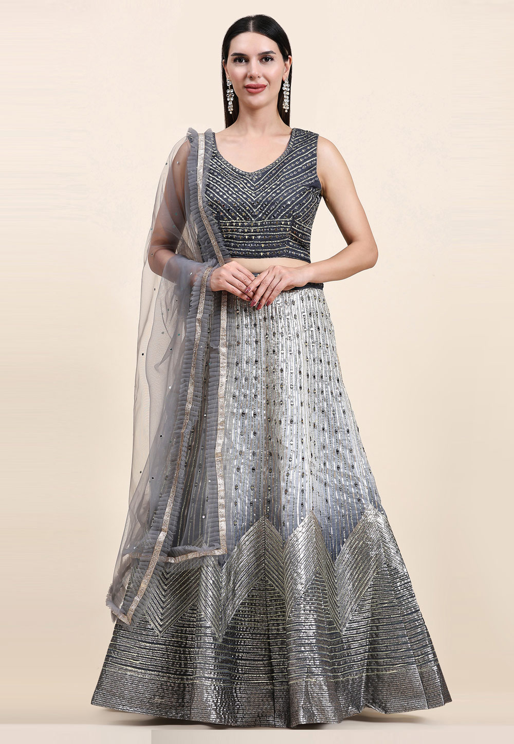 Grey Organza Readymade A Line Lehenga Choli 265369