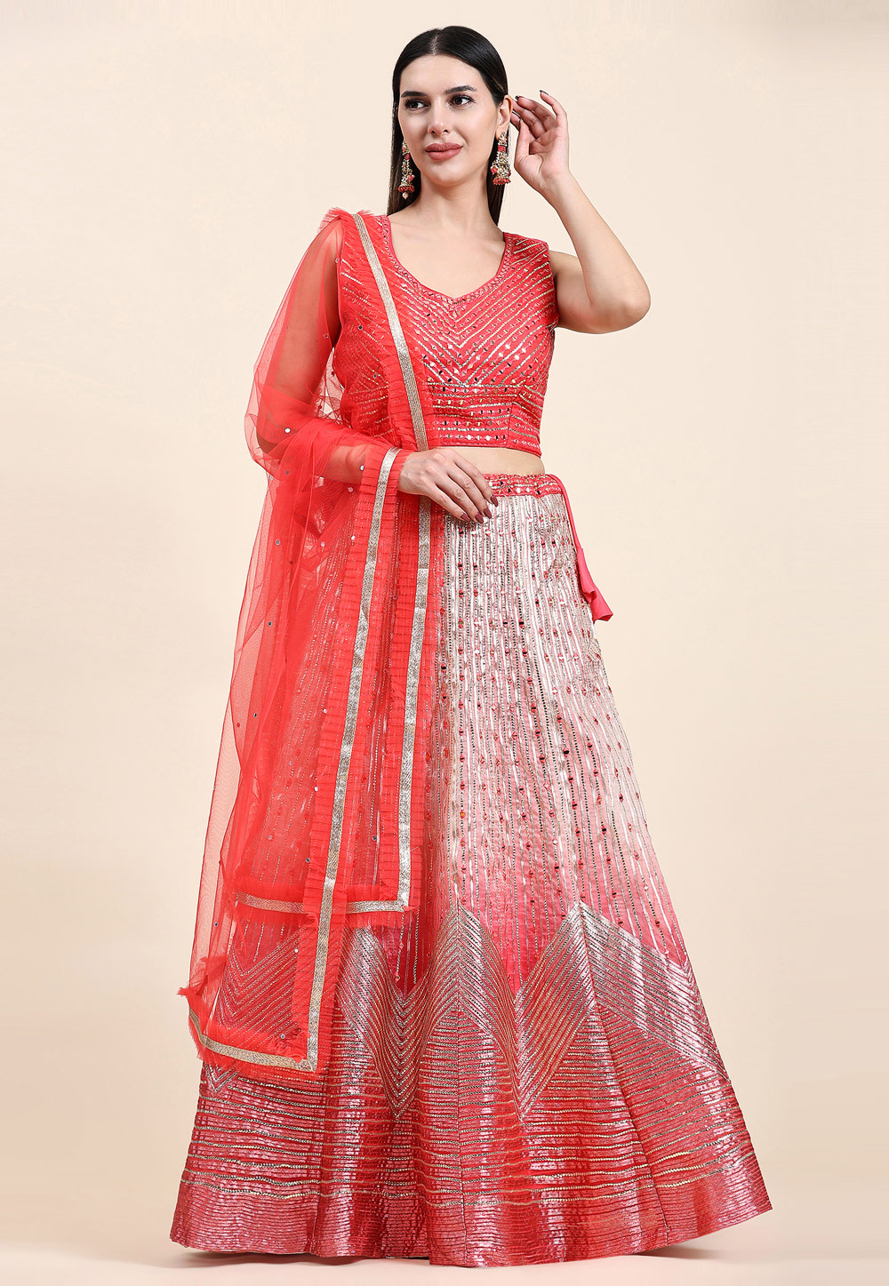 Red Organza Readymade A Line Lehenga Choli 265370