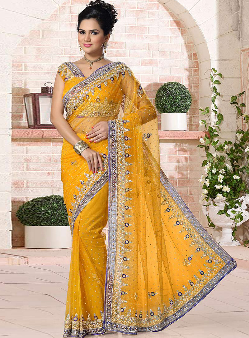 Yellow Net Stone Work Saree 115393