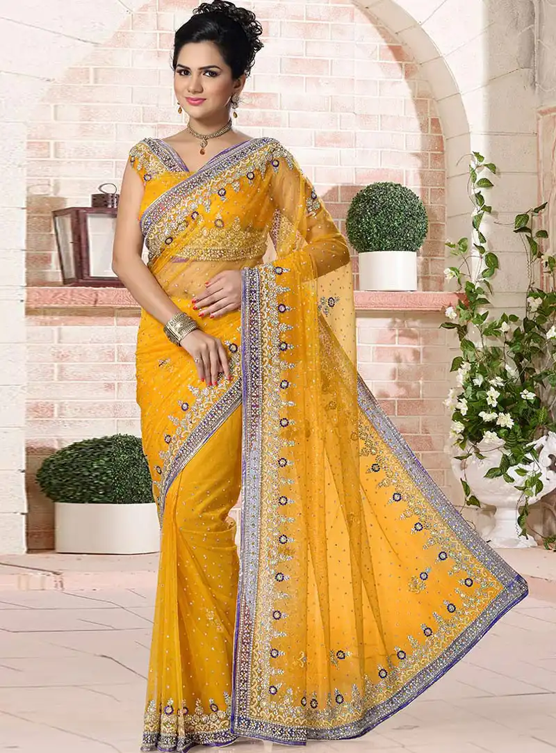 Yellow Net Stone Work Saree 115393