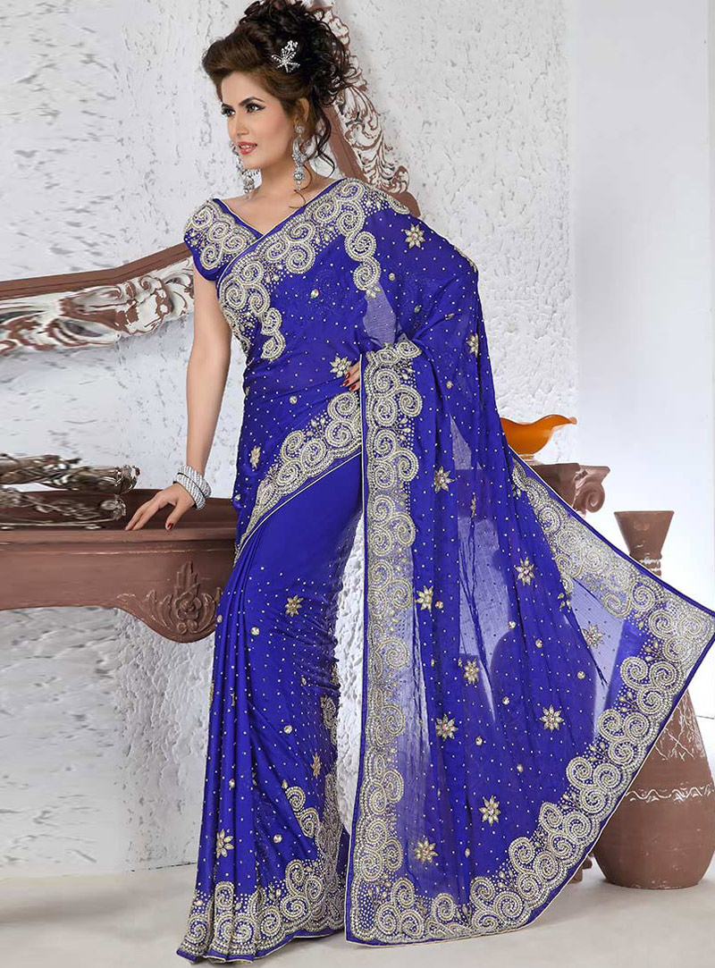Royal Blue Georgette Stone Work Saree 115397