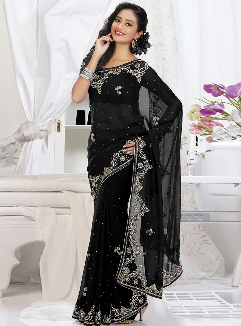 Black Georgette Stone Work Saree 115405