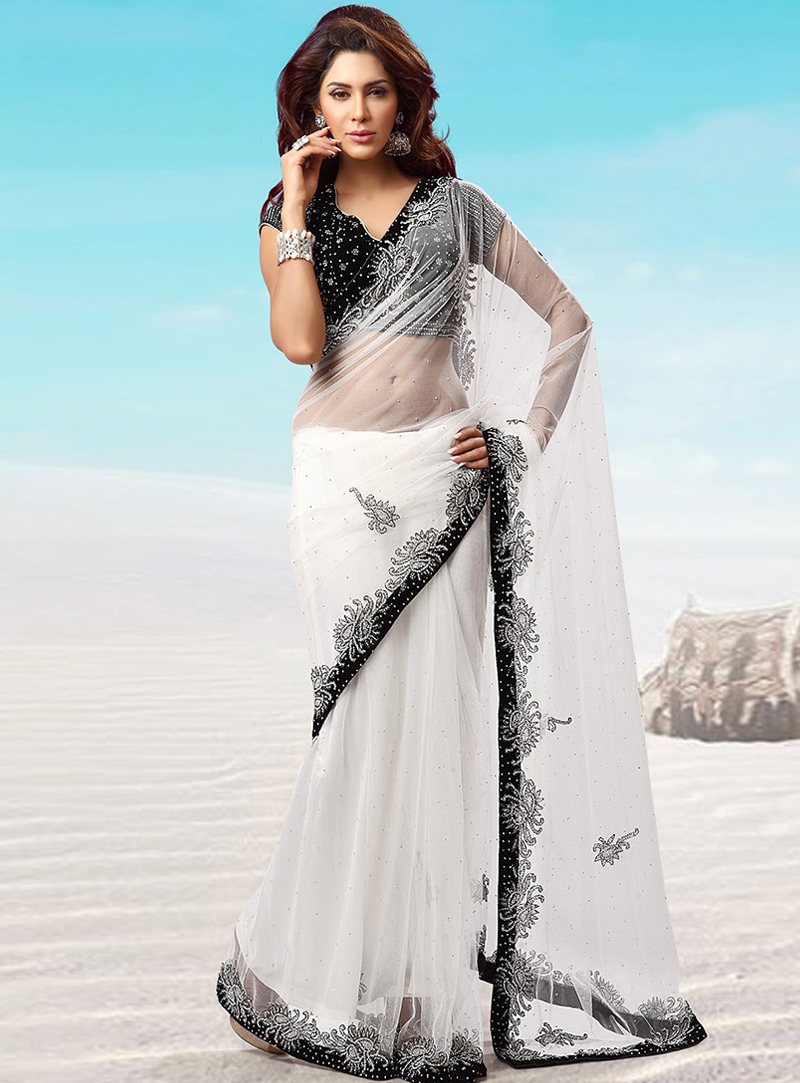 White Net Stone Work Saree 115412