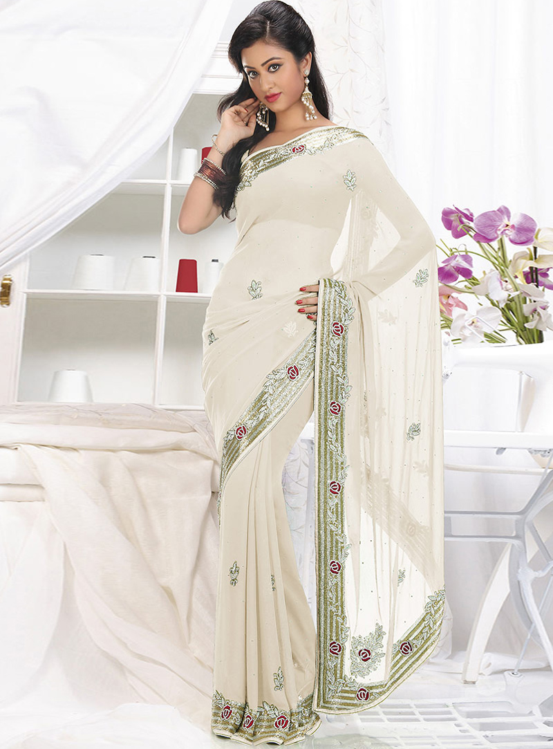Off White Georgette Patch Lace Work Saree 115414
