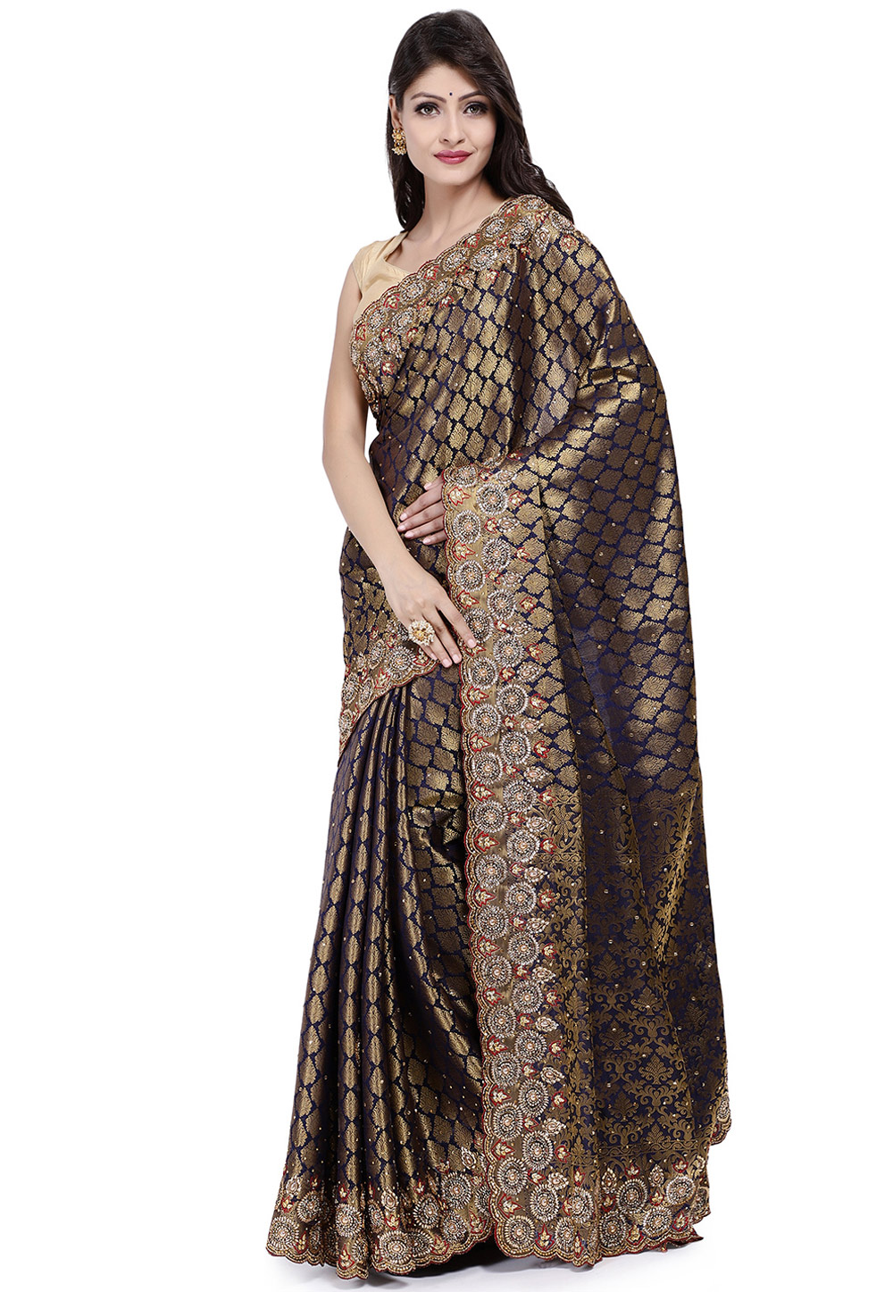 Navy Blue Kanjivaram Silk Hand Work Festival Wear Saree 195446