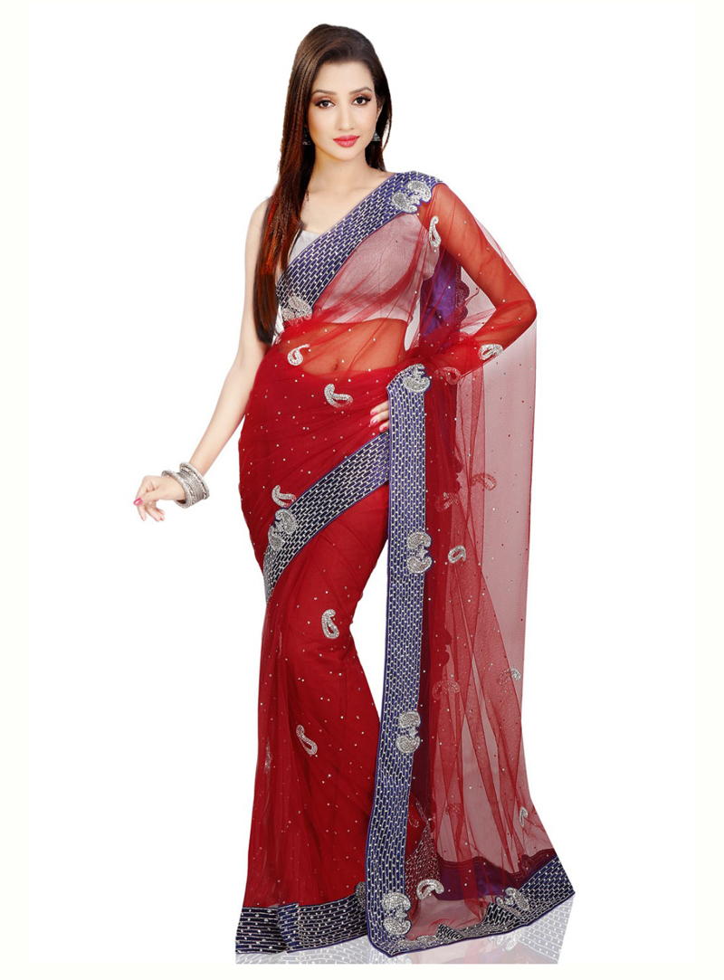 Red Net Hand Work Saree With Blouse 136232