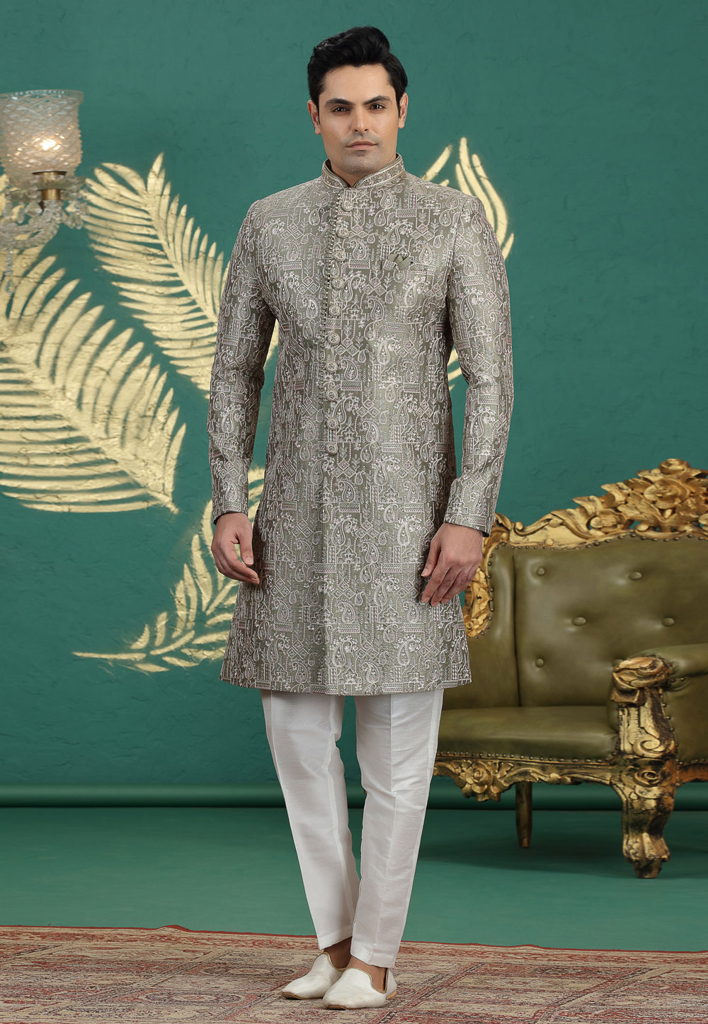 Camo Green Art Silk Achkan Style Sherwani 319022