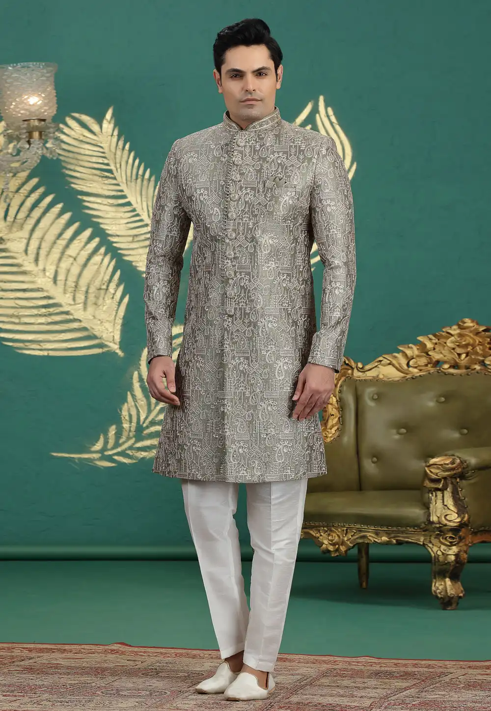 Camo Green Art Silk Achkan Style Sherwani 319022