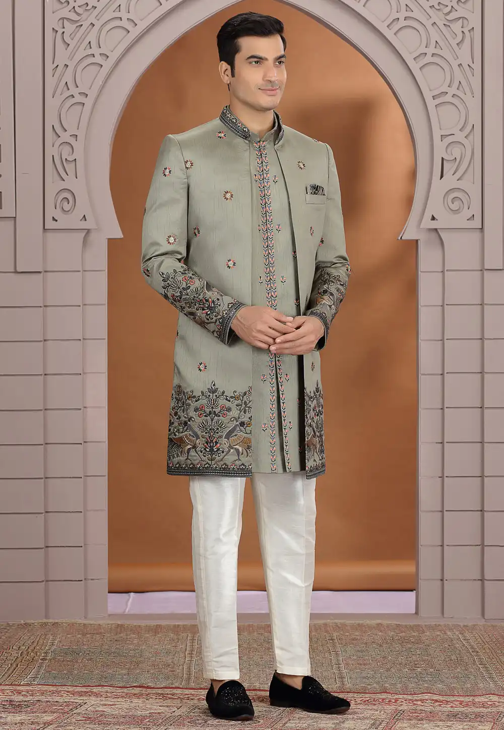 Camo Green Art Silk Indo Western Suit 319030