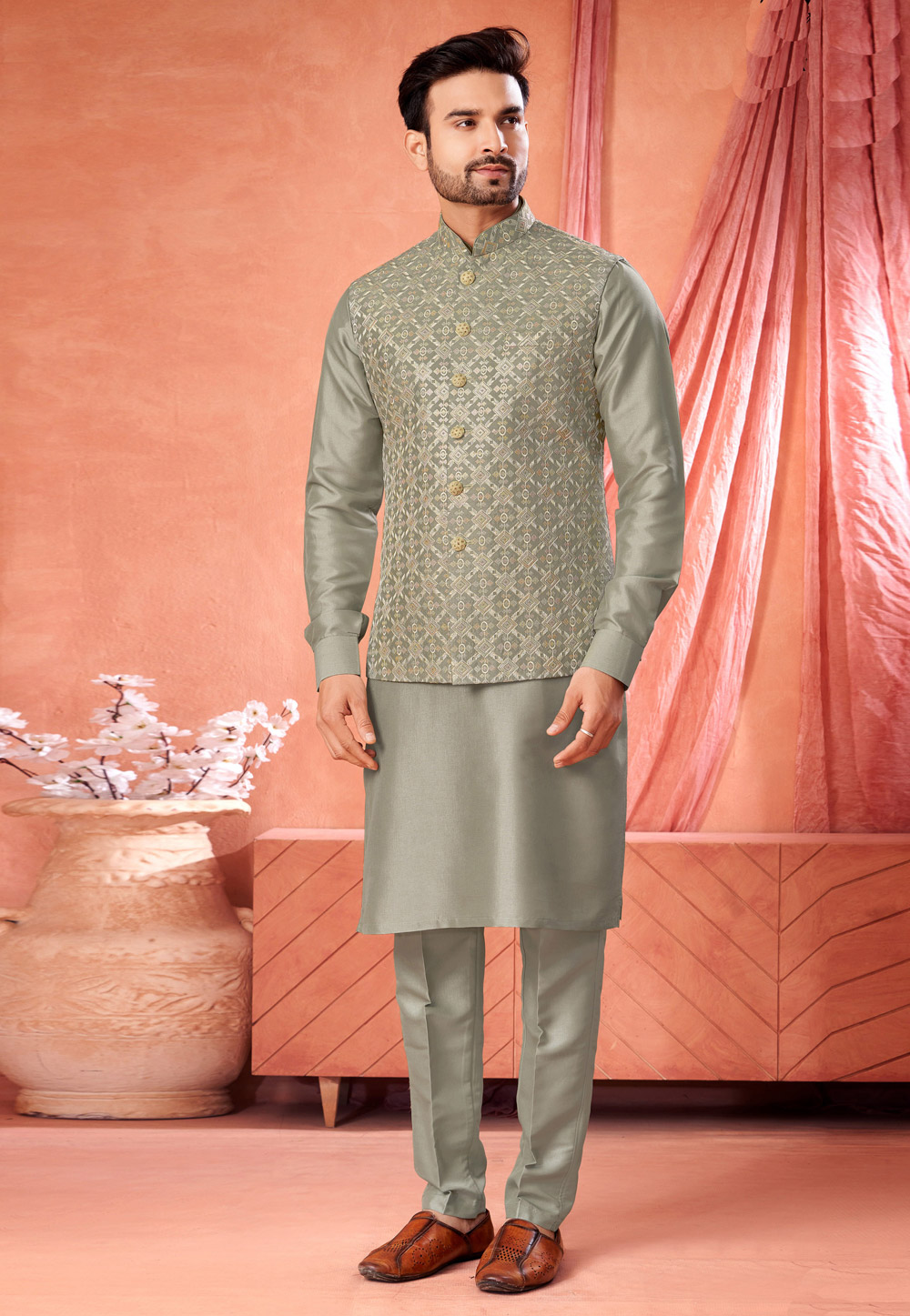 Camo Green Art Silk Kurta Pajama With Jacket 322326