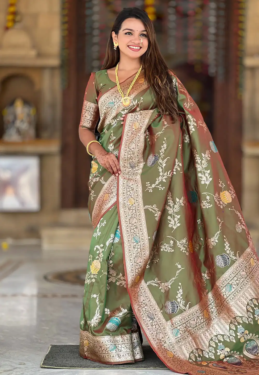 Camo Green Banarasi Silk Saree 321965