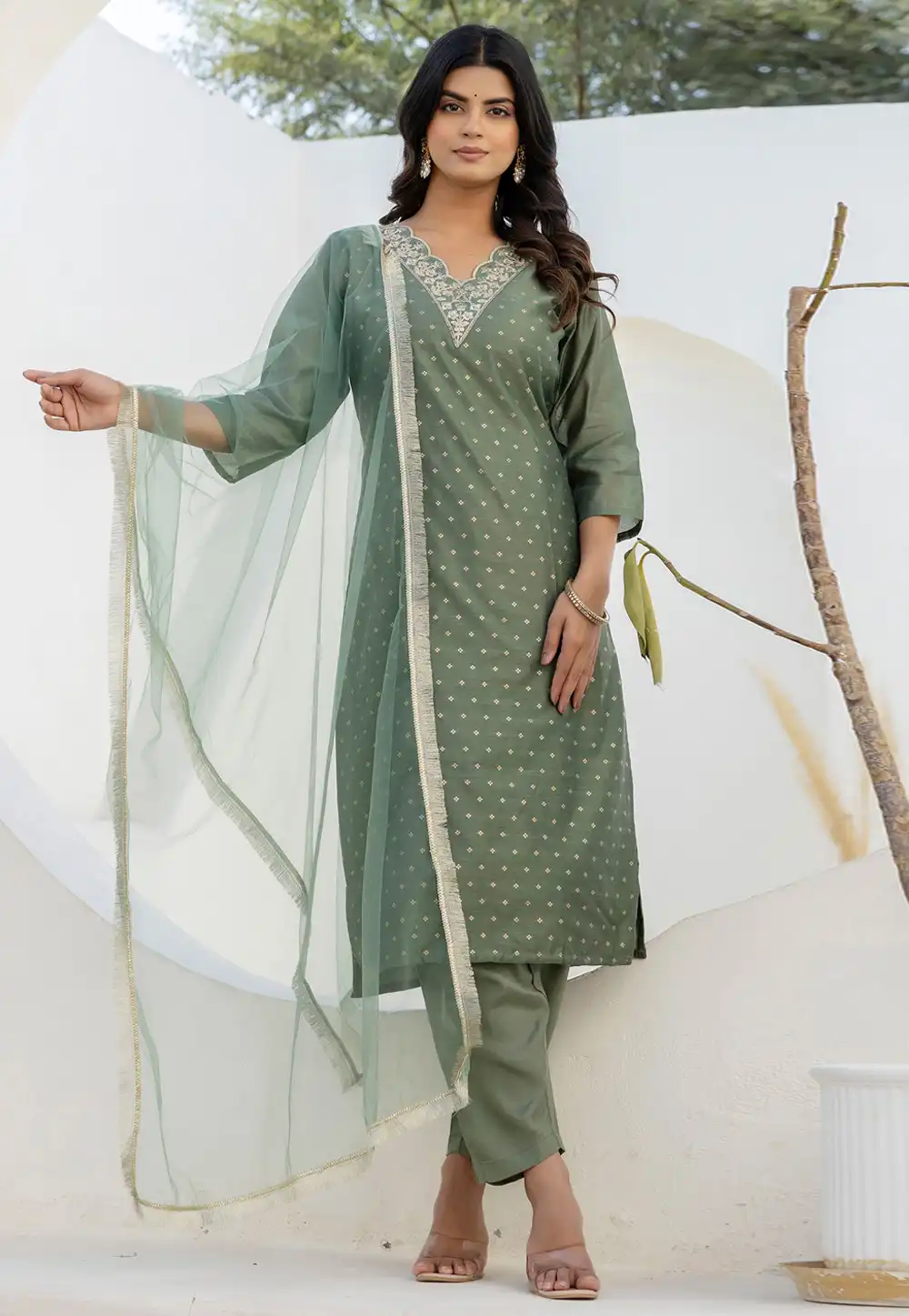 Camo Green Chanderi Silk Readymade Pakistani Suit 313815
