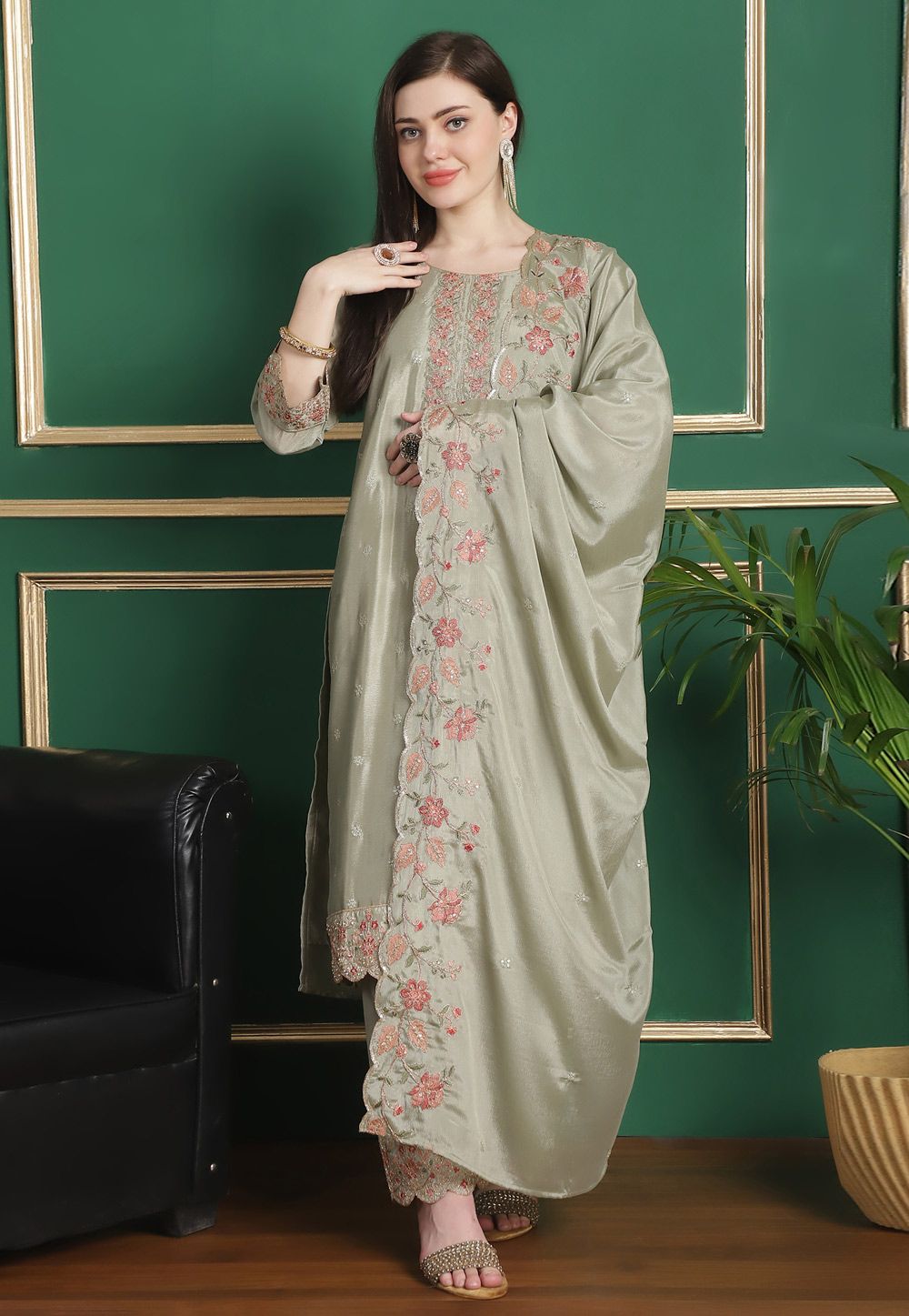 Camo Green Chinon Chiffon Pant Style Suit 309897