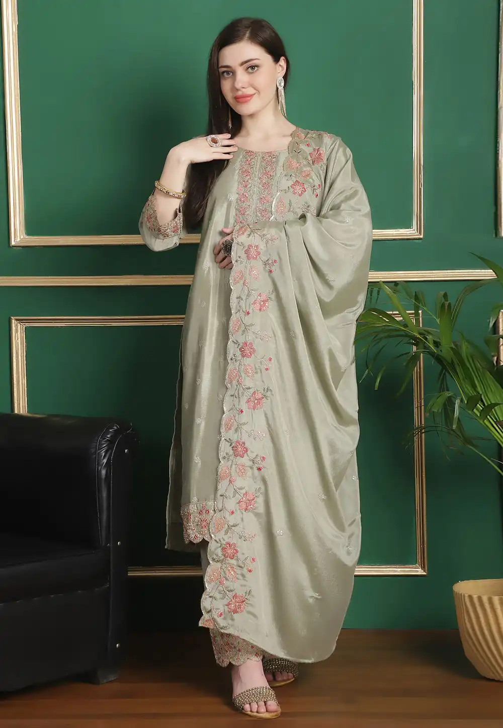 Camo Green Chinon Chiffon Pant Style Suit 309897