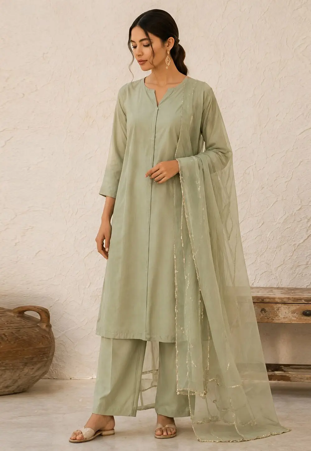 Camo Green Cotton Readymade Palazzo Suit 332475