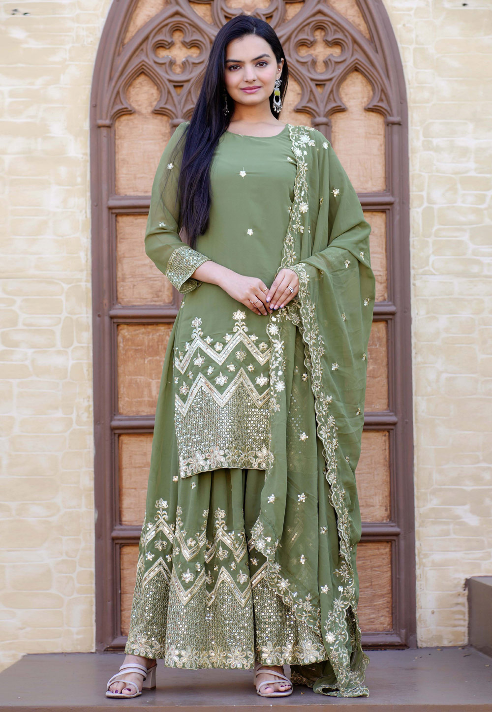 Camo Green Faux Georgette Readymade Palazzo Suit 308840