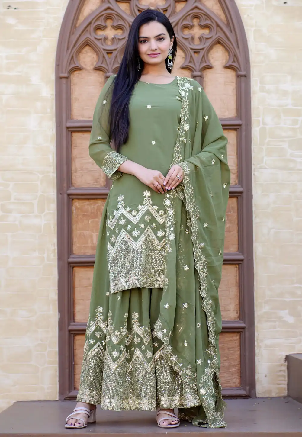 Camo Green Faux Georgette Readymade Palazzo Suit 308840
