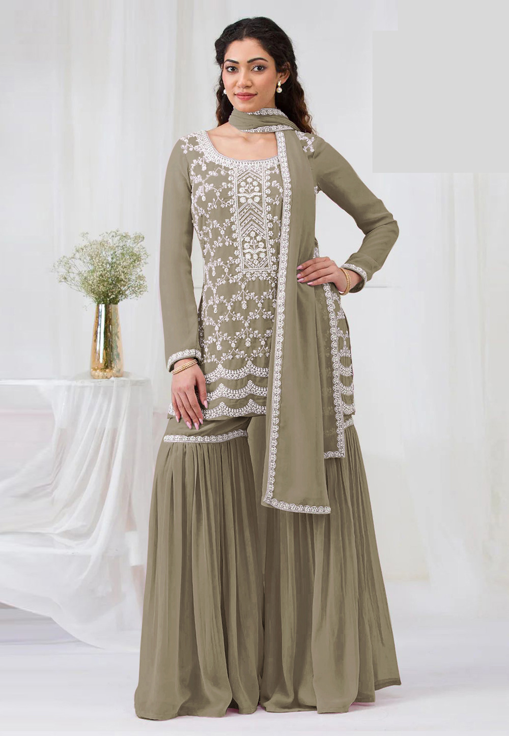 Camo Green Faux Georgette Sharara Suit 318390
