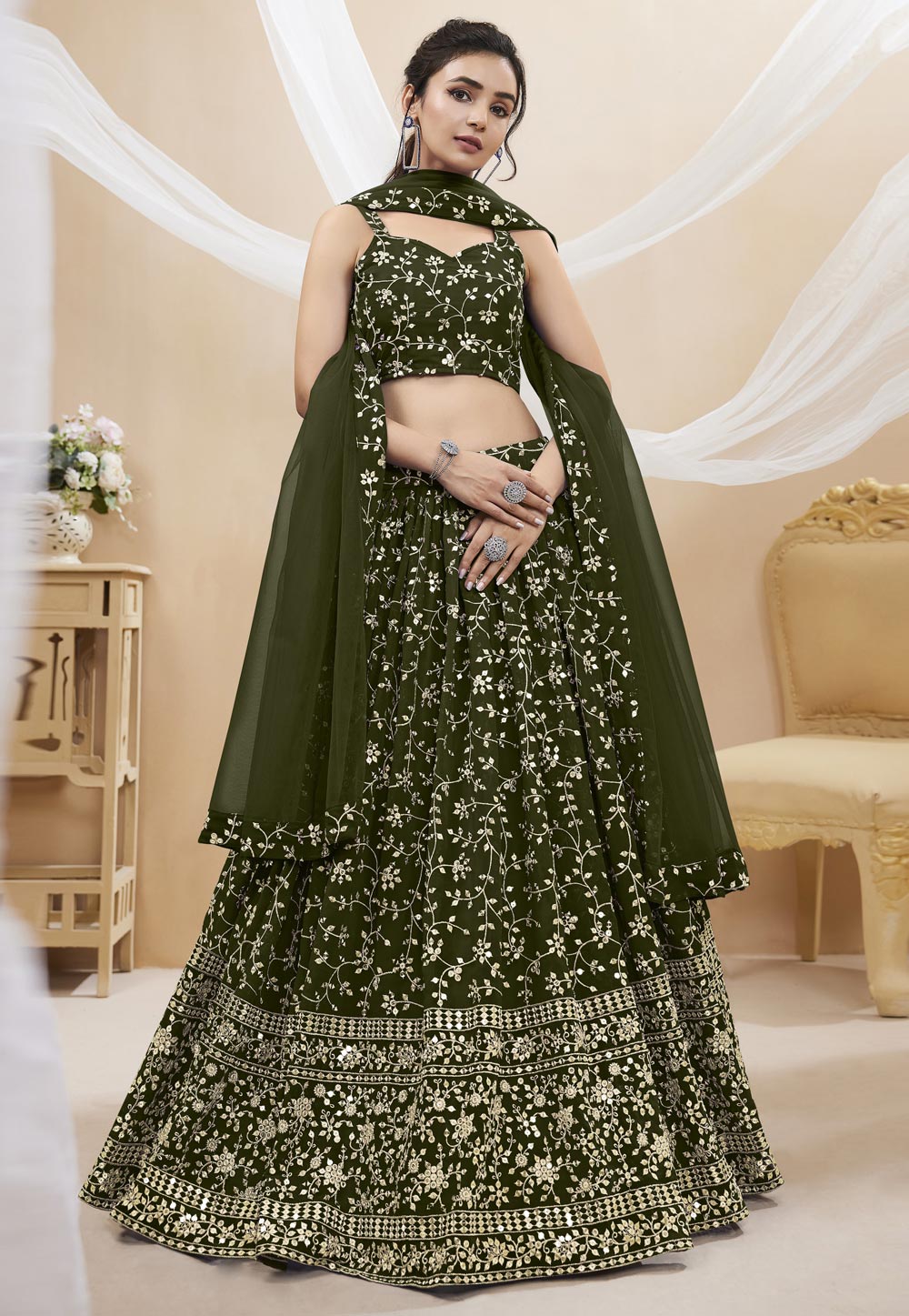 Camo Green Georgette Circular Lehenga Choli 280328