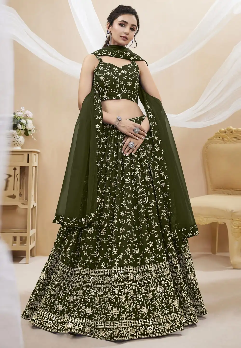 Camo Green Georgette Circular Lehenga Choli 280328