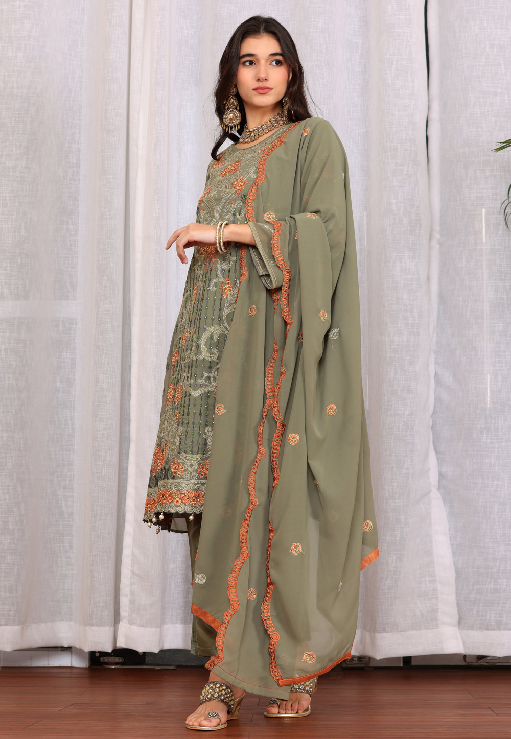 Camo Green Georgette Pakistani Suit 284395