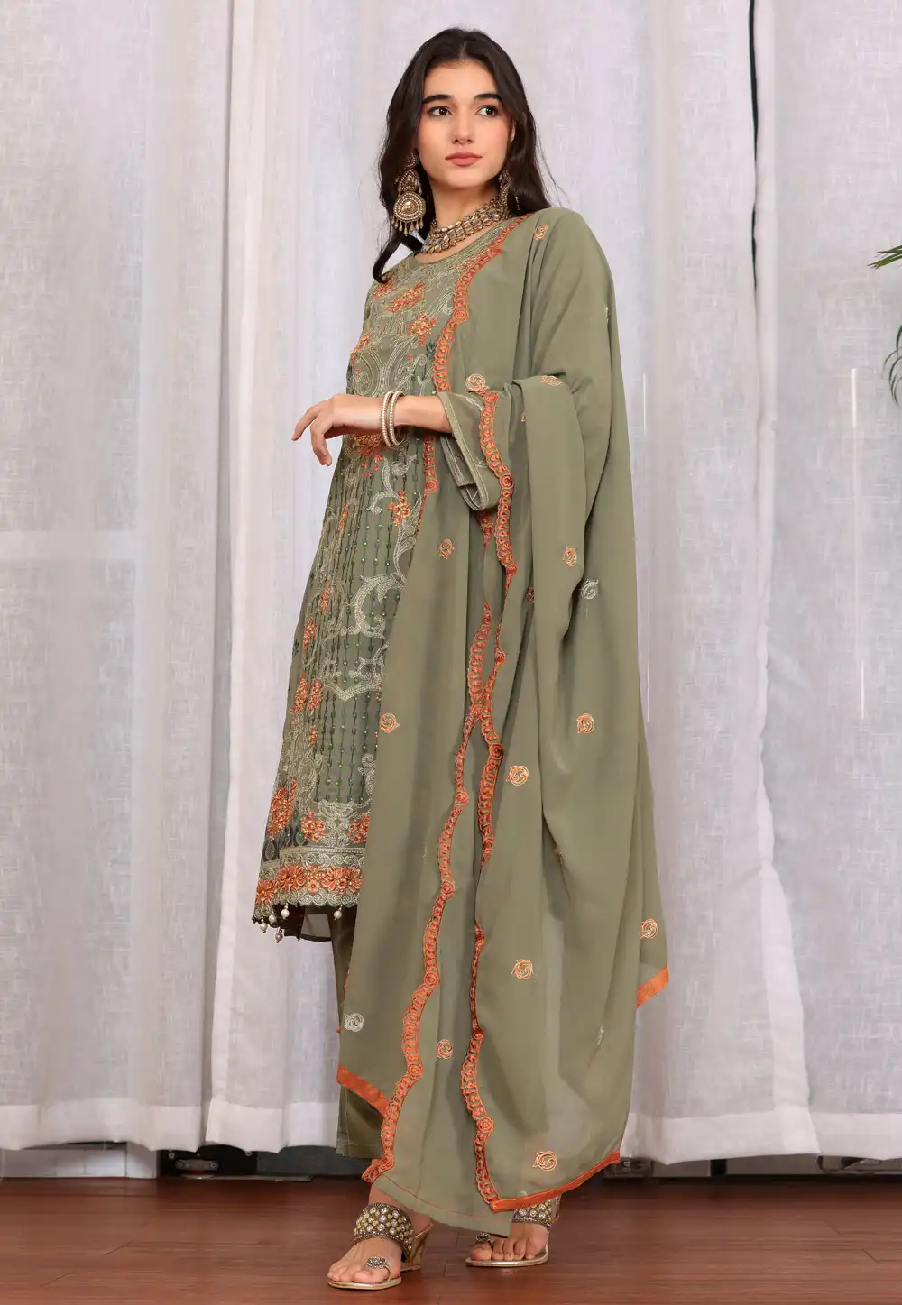 Camo Green Georgette Pakistani Suit 284395