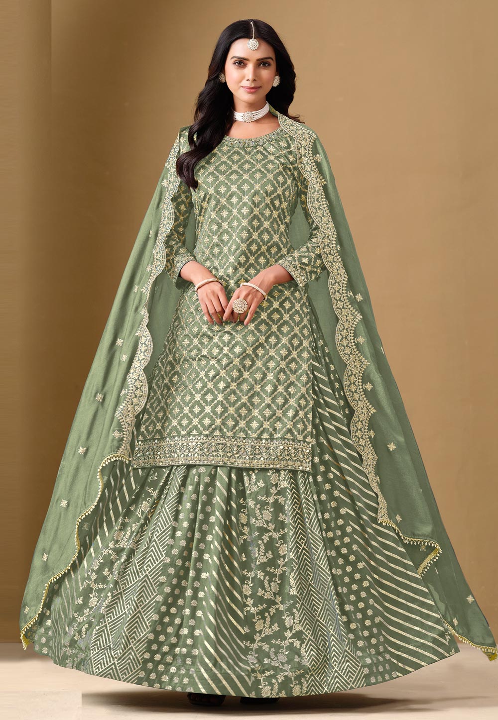 Camo Green Jacquard Long Choli Lehenga 307323