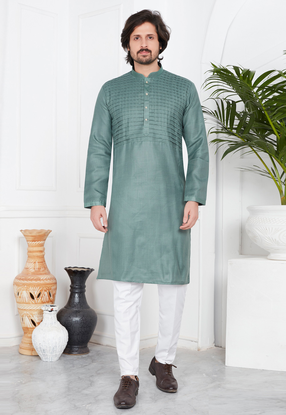 Camo Green Linen Kurta Pajama 283367