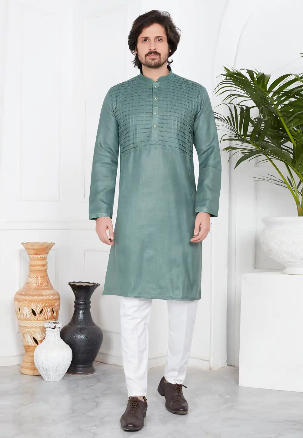 Camo Green Linen Kurta Pajama 283367