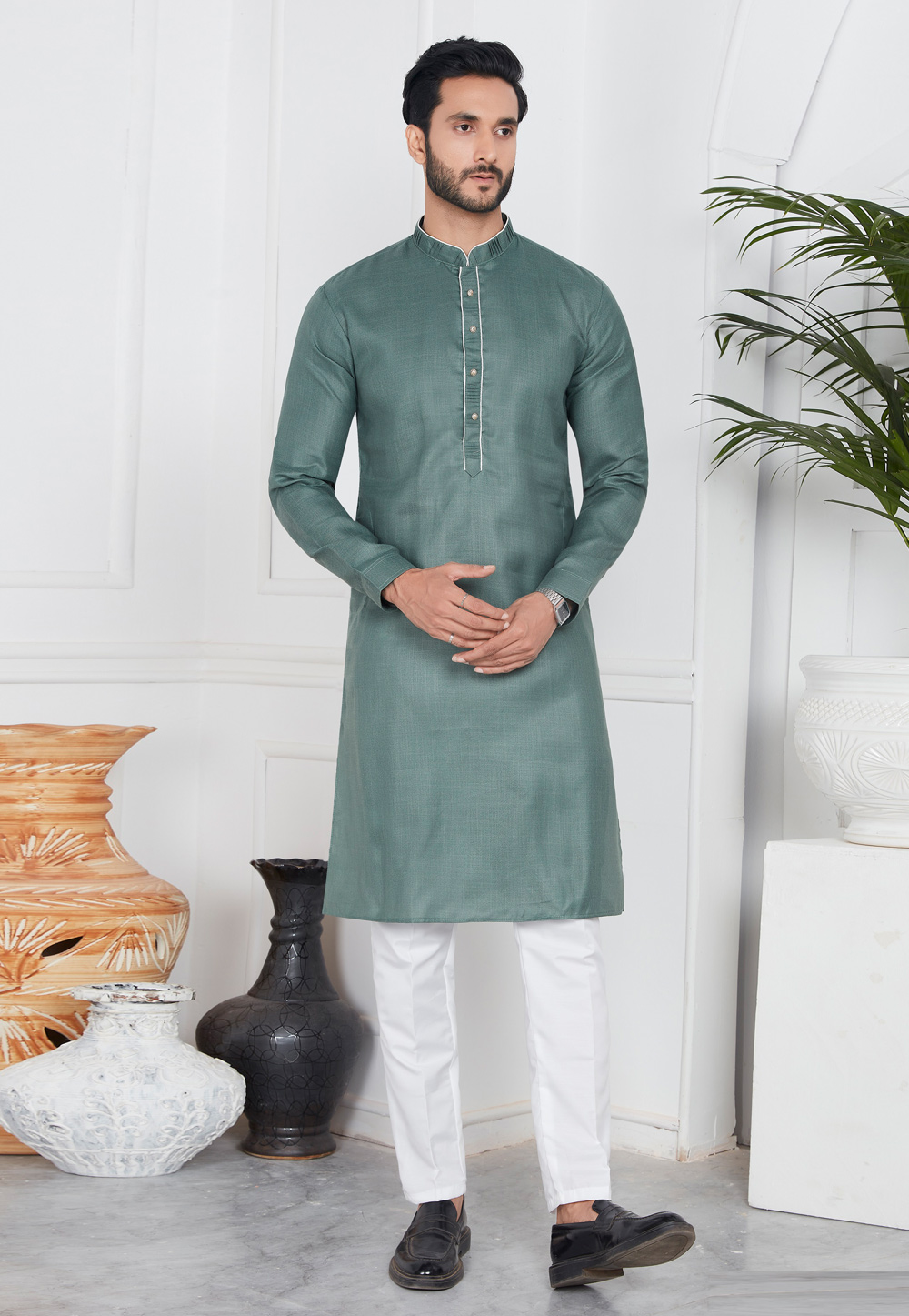 Camo Green Linen Kurta Pajama 283373