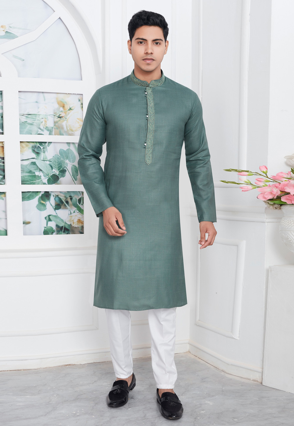 Camo Green Linen Kurta Pajama 283350