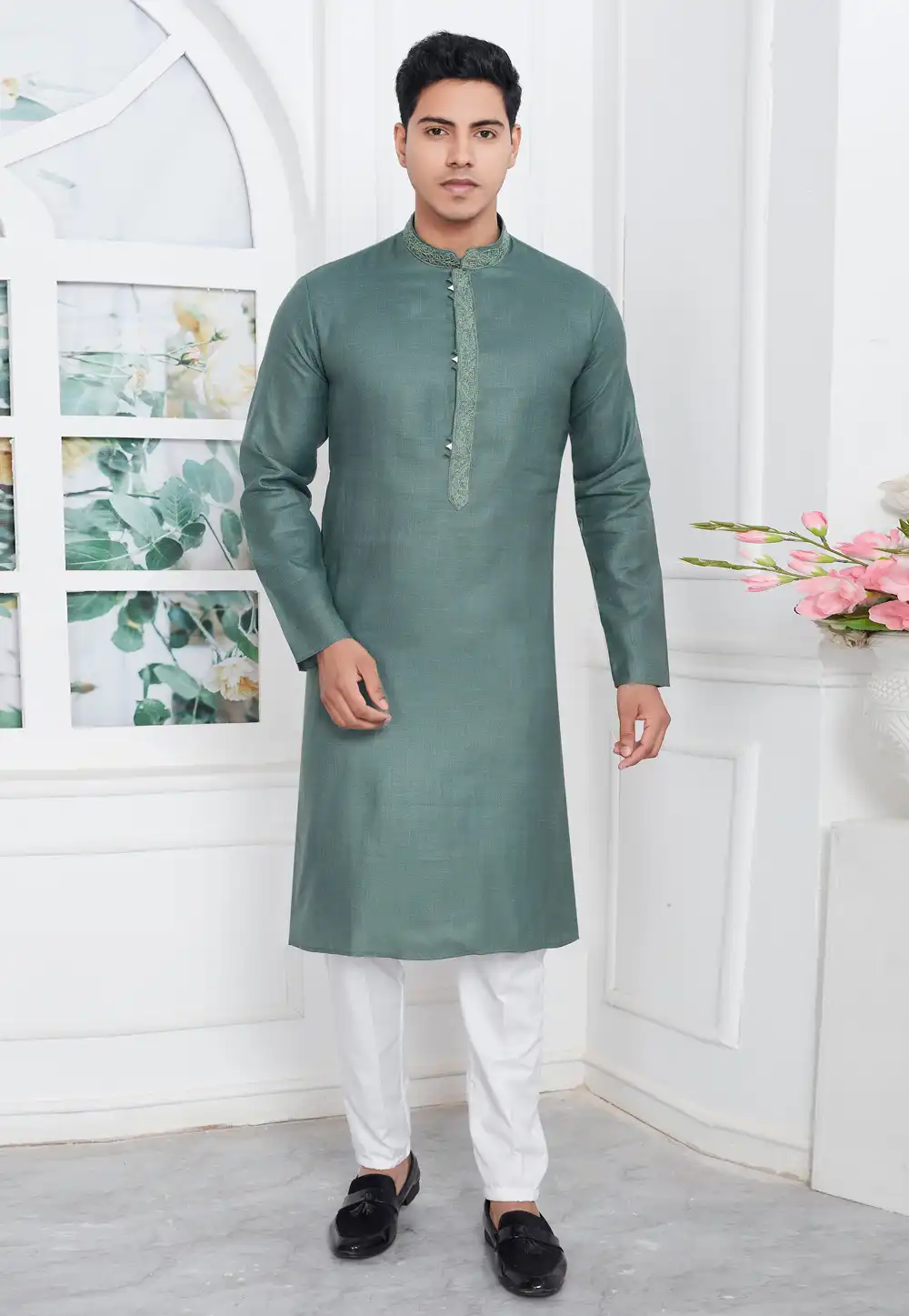 Camo Green Linen Kurta Pajama 283350