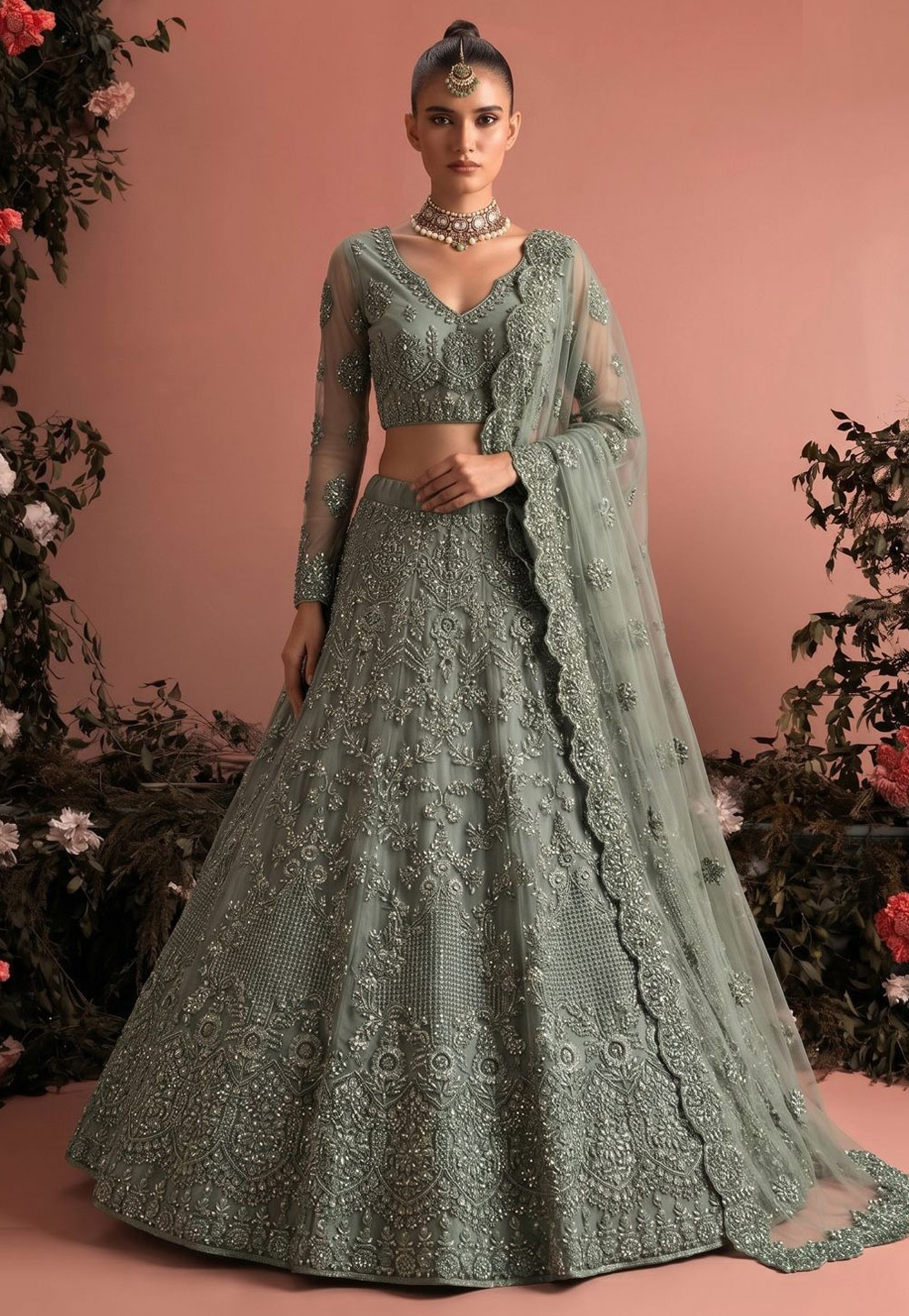 Camo Green Net Lehenga Choli 330151