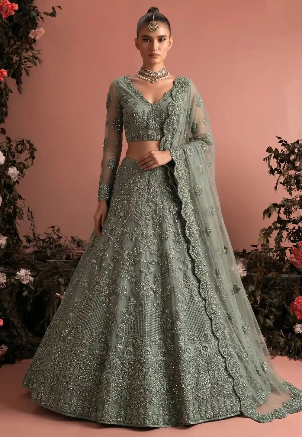 Camo Green Net Lehenga Choli 330151