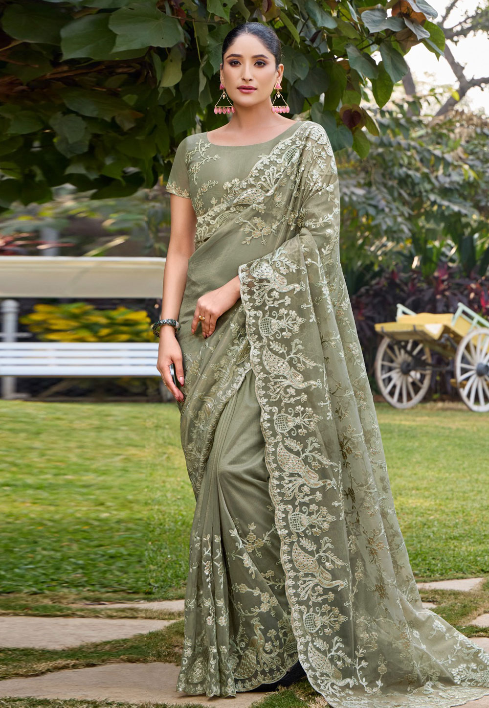 Camo Green Net Saree With Blouse 305548
