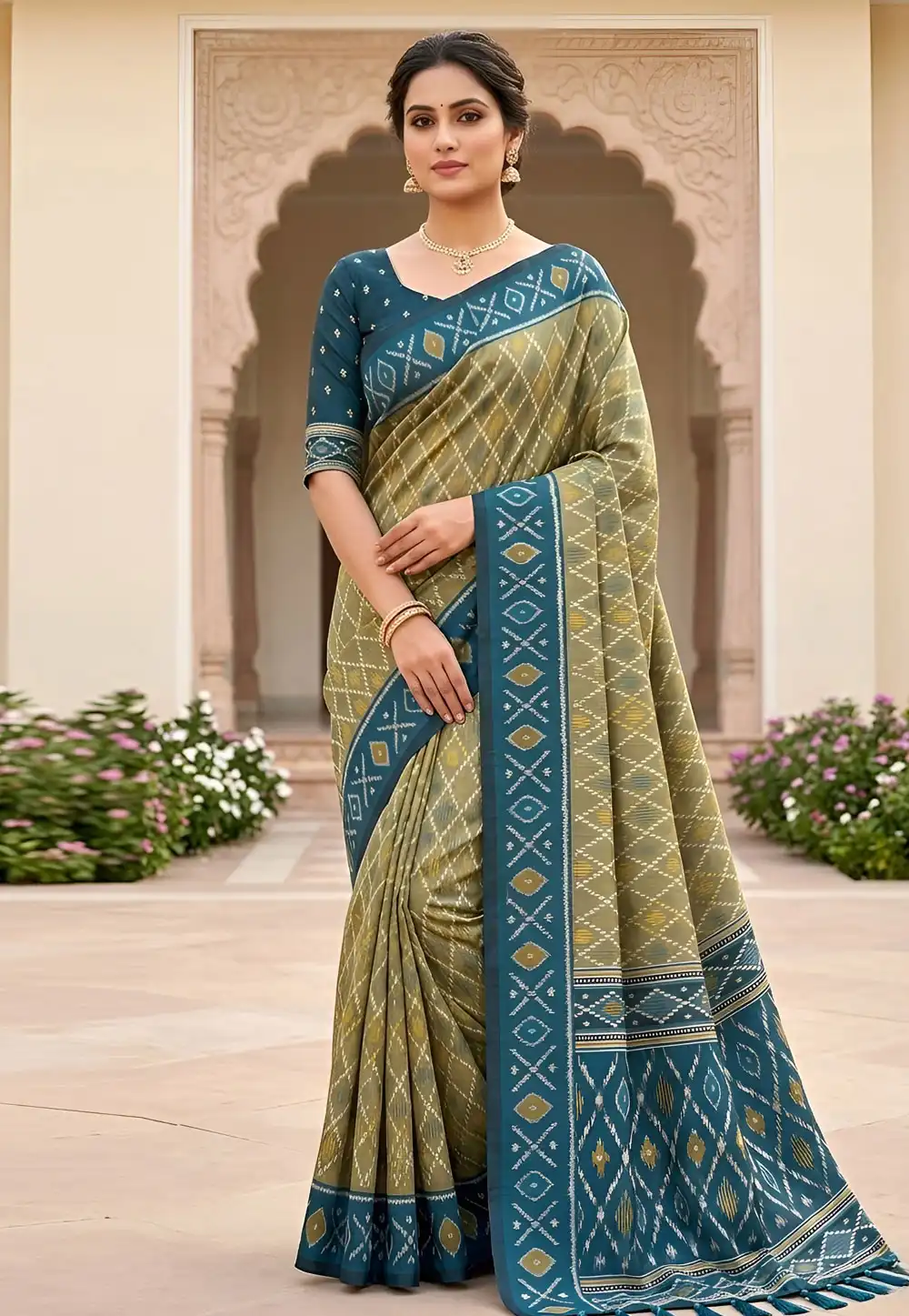 Camo Green Patola Silk Saree With Blouse 330520