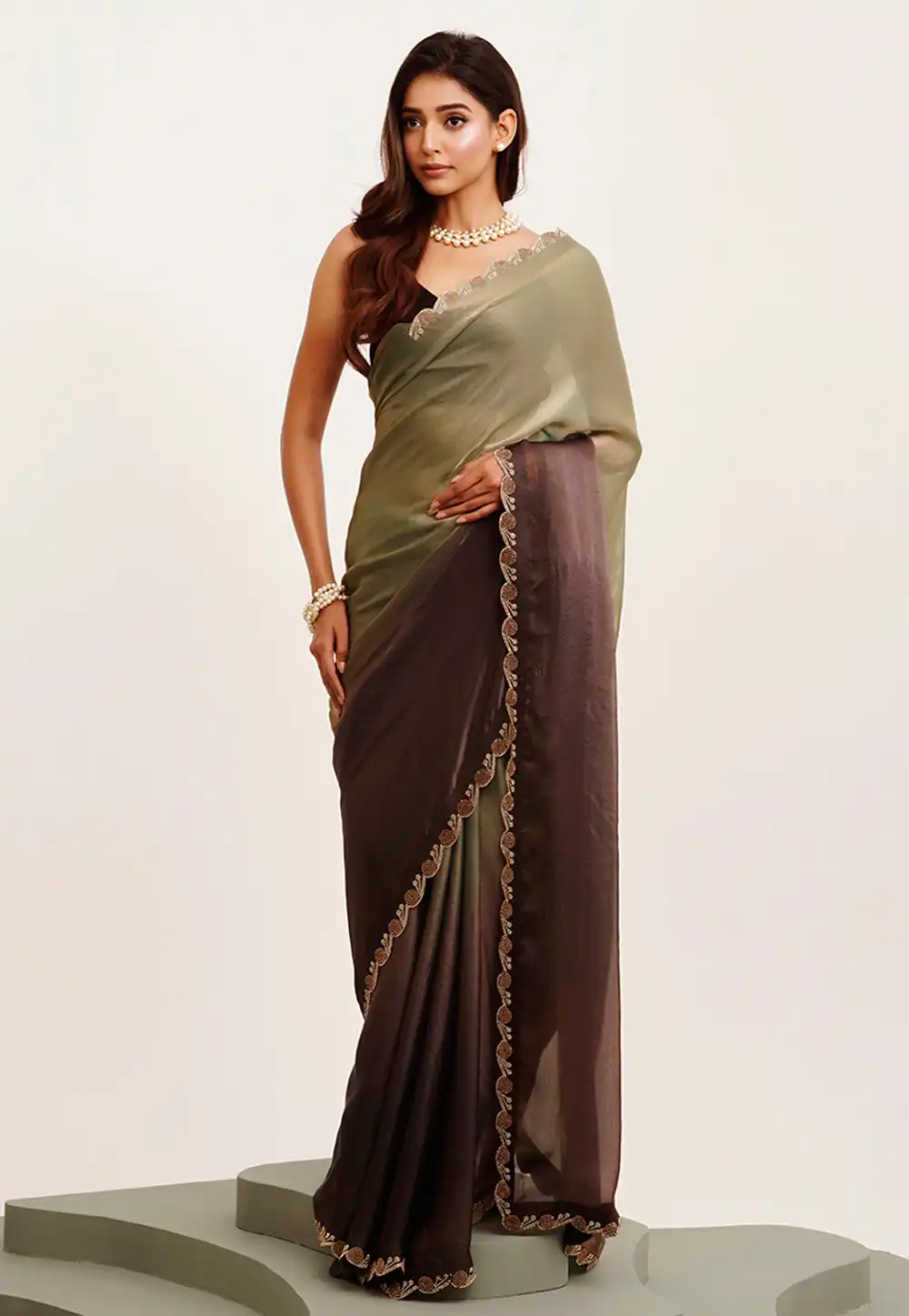 Camo Green Satin Half N Half Saree 312116