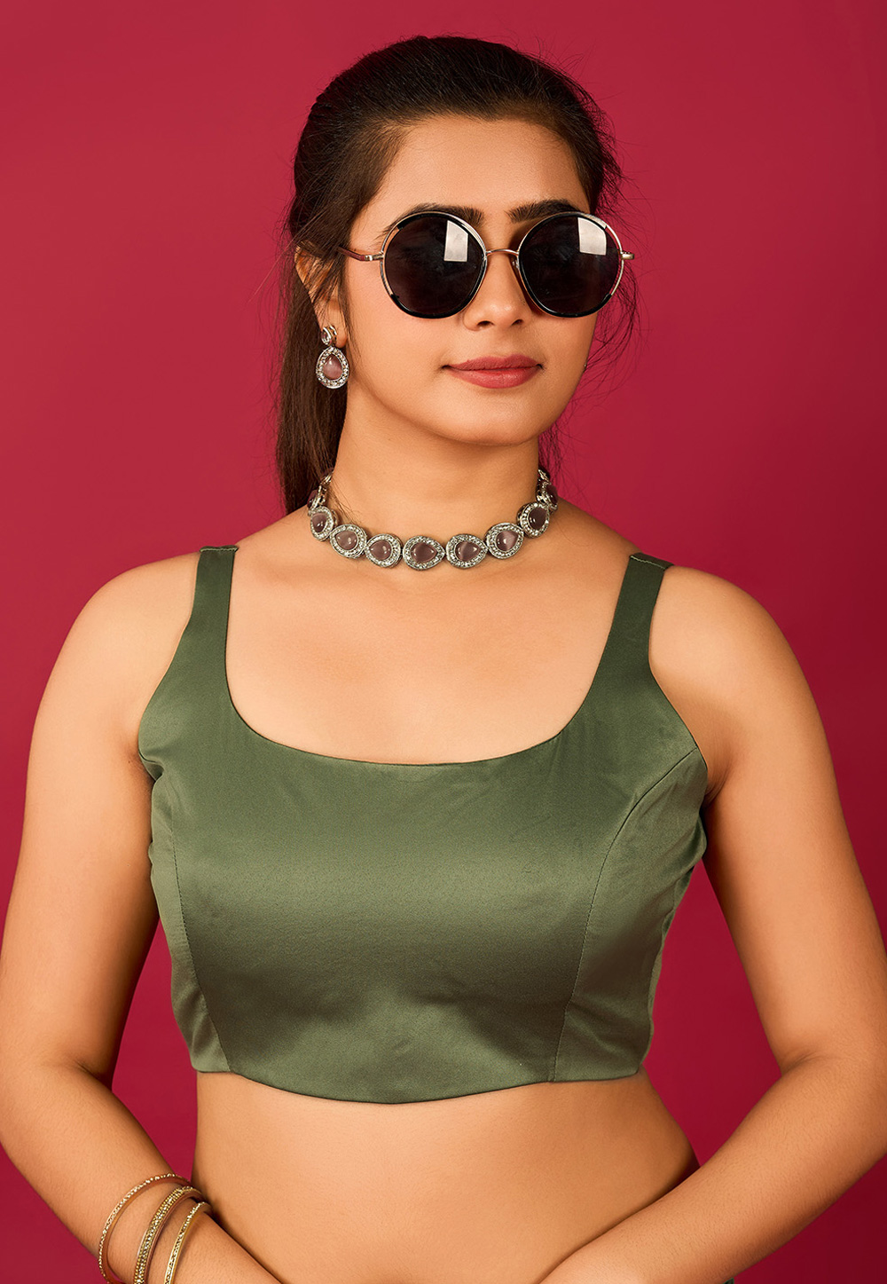 Camo Green Satin Readymade Blouse 285324